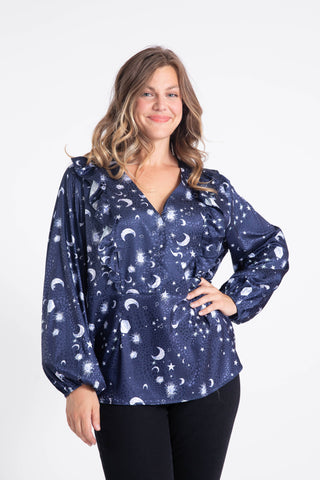 Pomme Rouge | Blue Print Ruffle Blouse